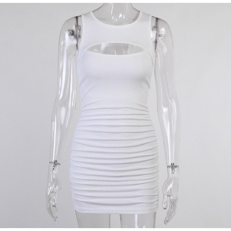 Sexy White Hollow Out Sleeveless Solid Bodycon Dress Angelwarriorfitness.com
