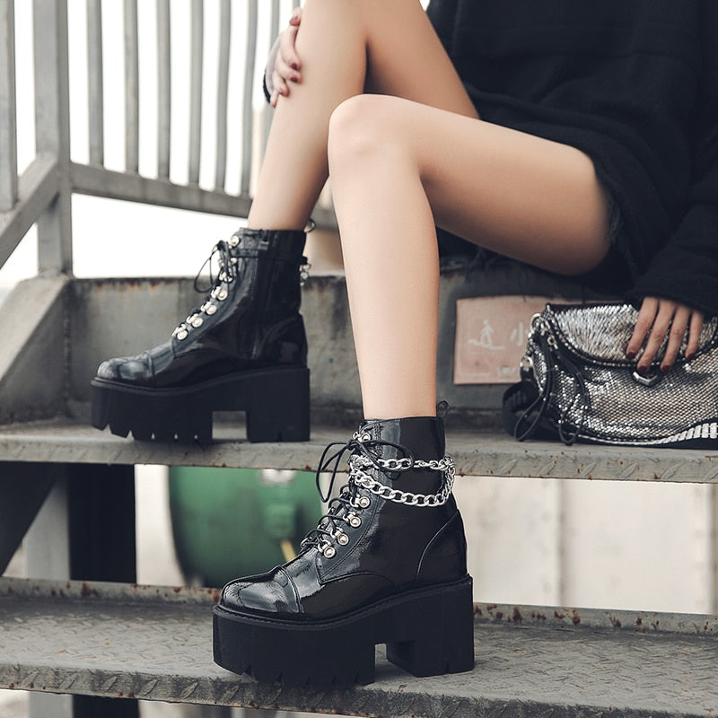 Women Gothic Ankle Boots Zip Punk Style Platform Shoes Goth Winter Lace-up Booties Chunky Heel Sexy Chain Angelwarriorfitness.com