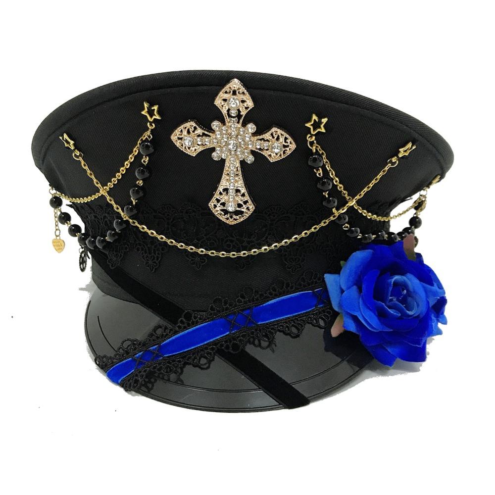 Black Cross Gothic Lolita Military Hat Cap for Women Female Sailor Captain Flat Steampunk Carnival Halloween Hair Accessories Angelwarriorfitness.com