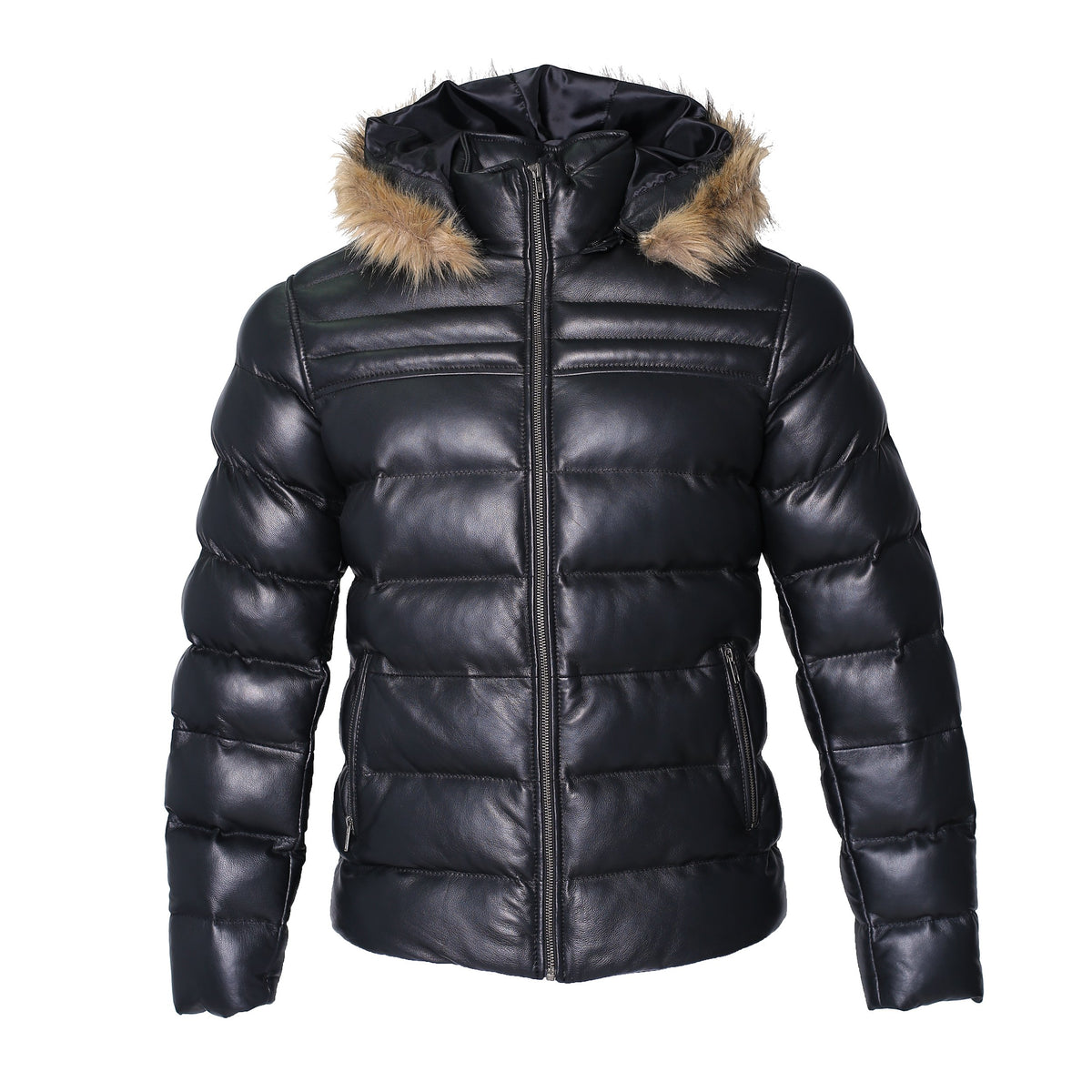 Men's Crimson Black Puffer Winter Down Leather Jacket with Fur Angelwarriorfitness.com
