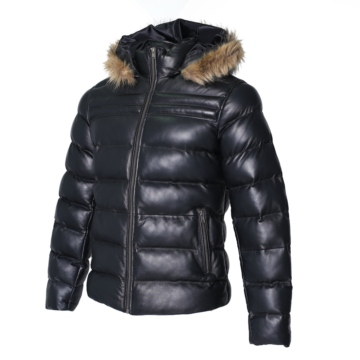 Men's Crimson Black Puffer Winter Down Leather Jacket with Fur Angelwarriorfitness.com