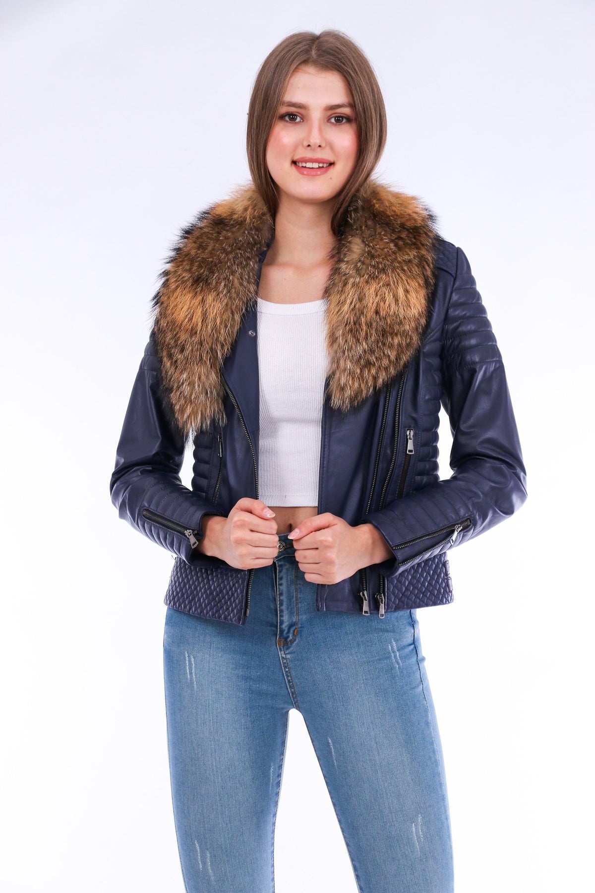 Milani Quilted Leather Biker Jacket - Navy Blue Angelwarriorfitness.com