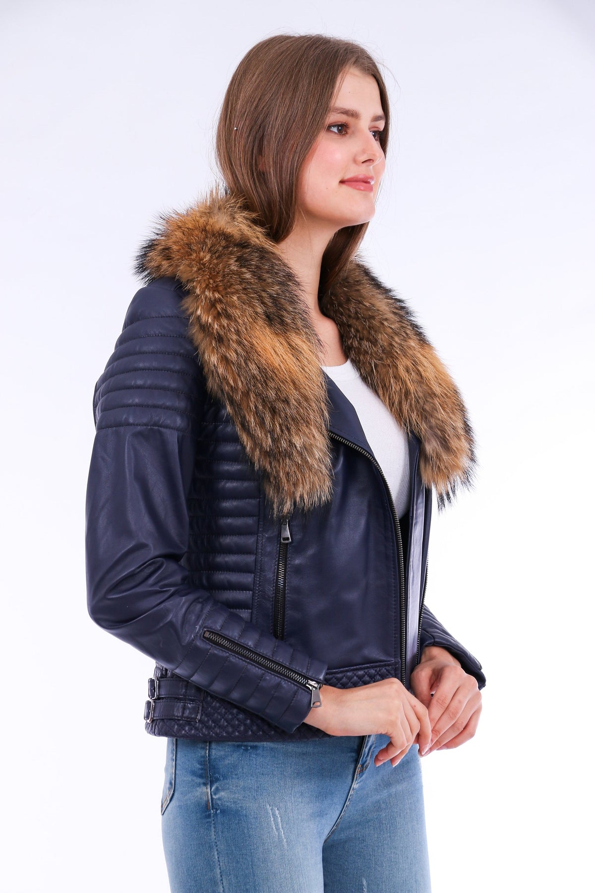 Milani Quilted Leather Biker Jacket - Navy Blue Angelwarriorfitness.com