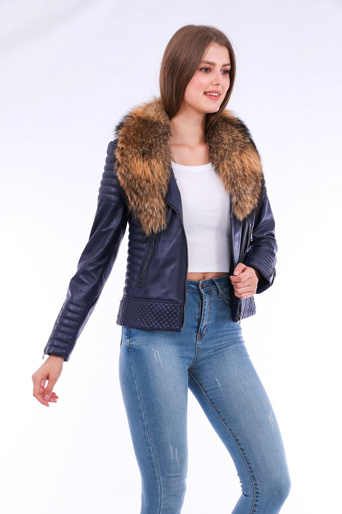 Milani Quilted Leather Biker Jacket - Navy Blue Angelwarriorfitness.com