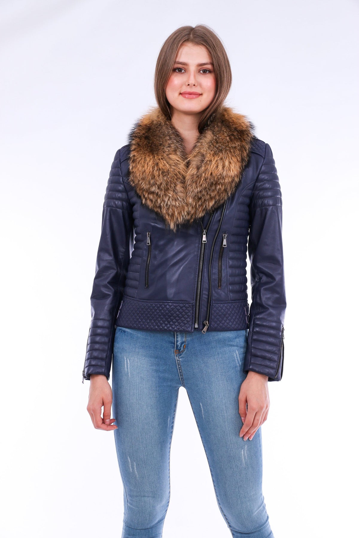 Milani Quilted Leather Biker Jacket - Navy Blue Angelwarriorfitness.com