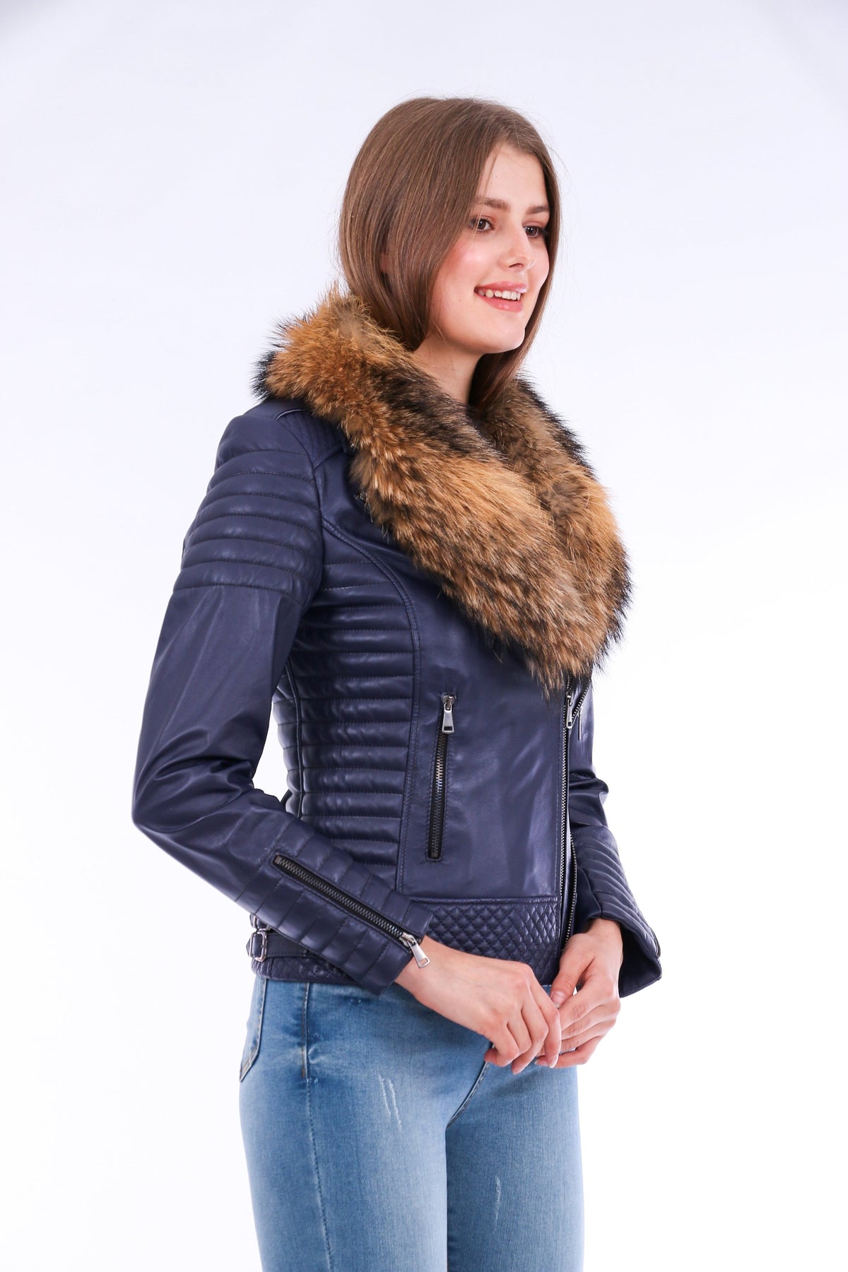 Milani Quilted Leather Biker Jacket - Navy Blue Angelwarriorfitness.com