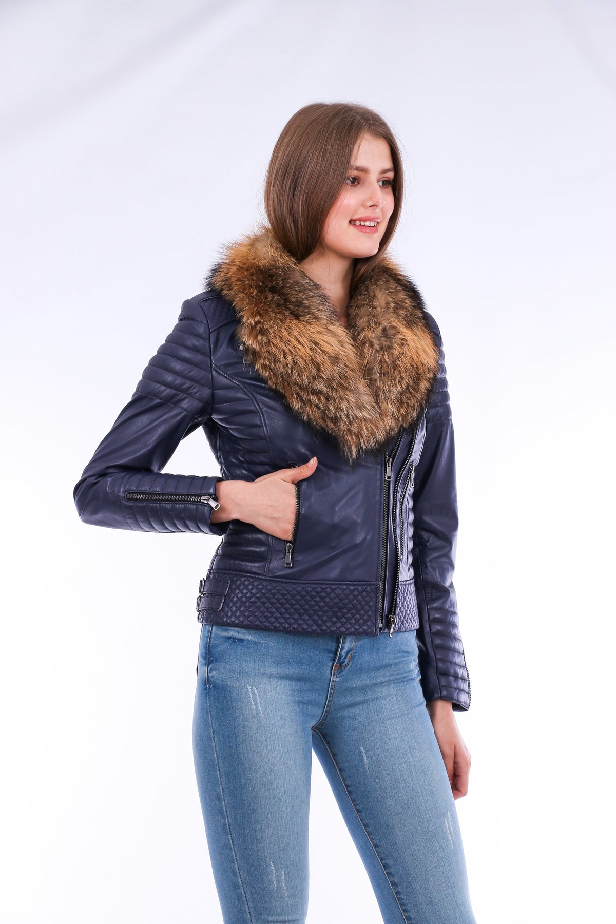 Milani Quilted Leather Biker Jacket - Navy Blue Angelwarriorfitness.com