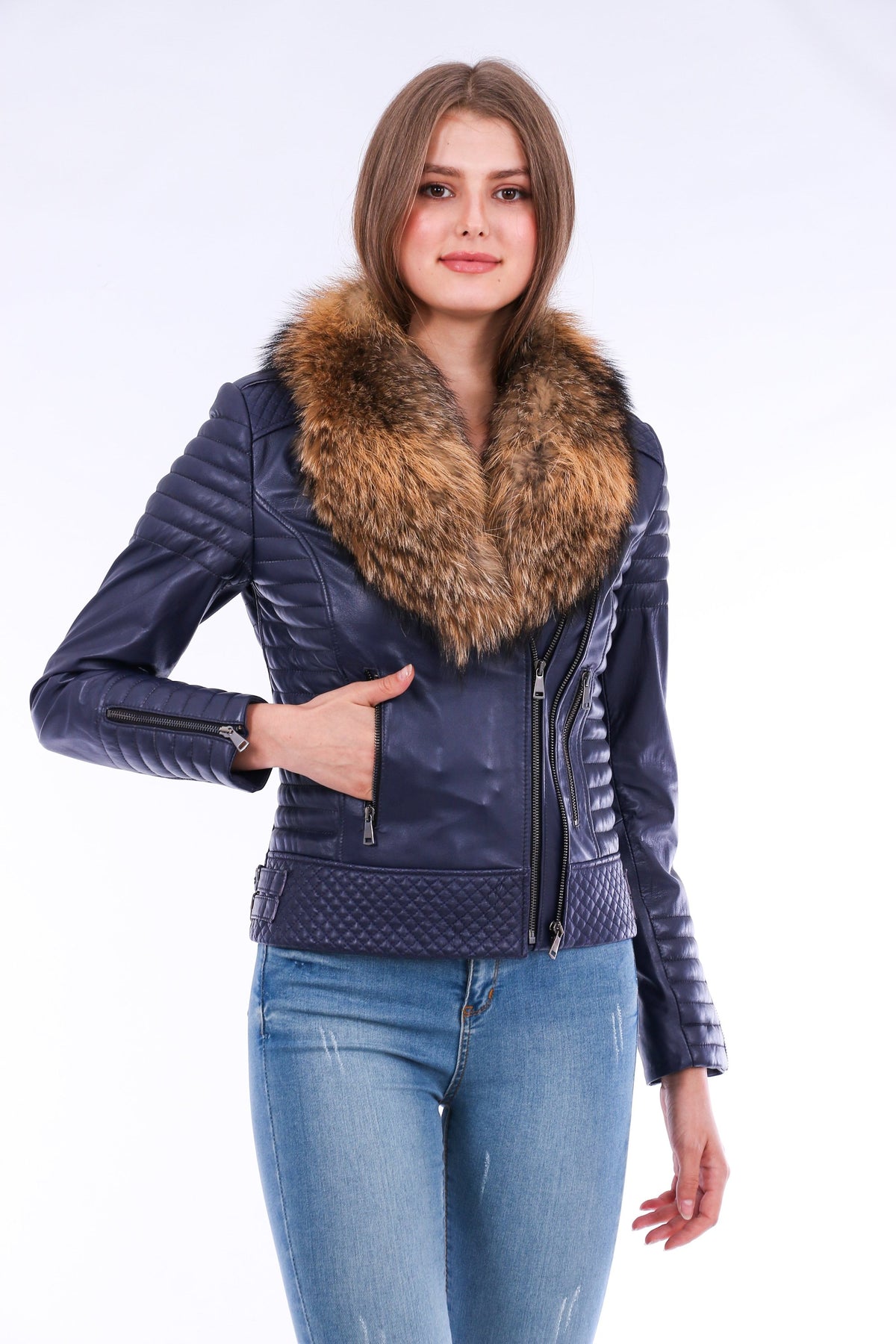 Milani Quilted Leather Biker Jacket - Navy Blue Angelwarriorfitness.com