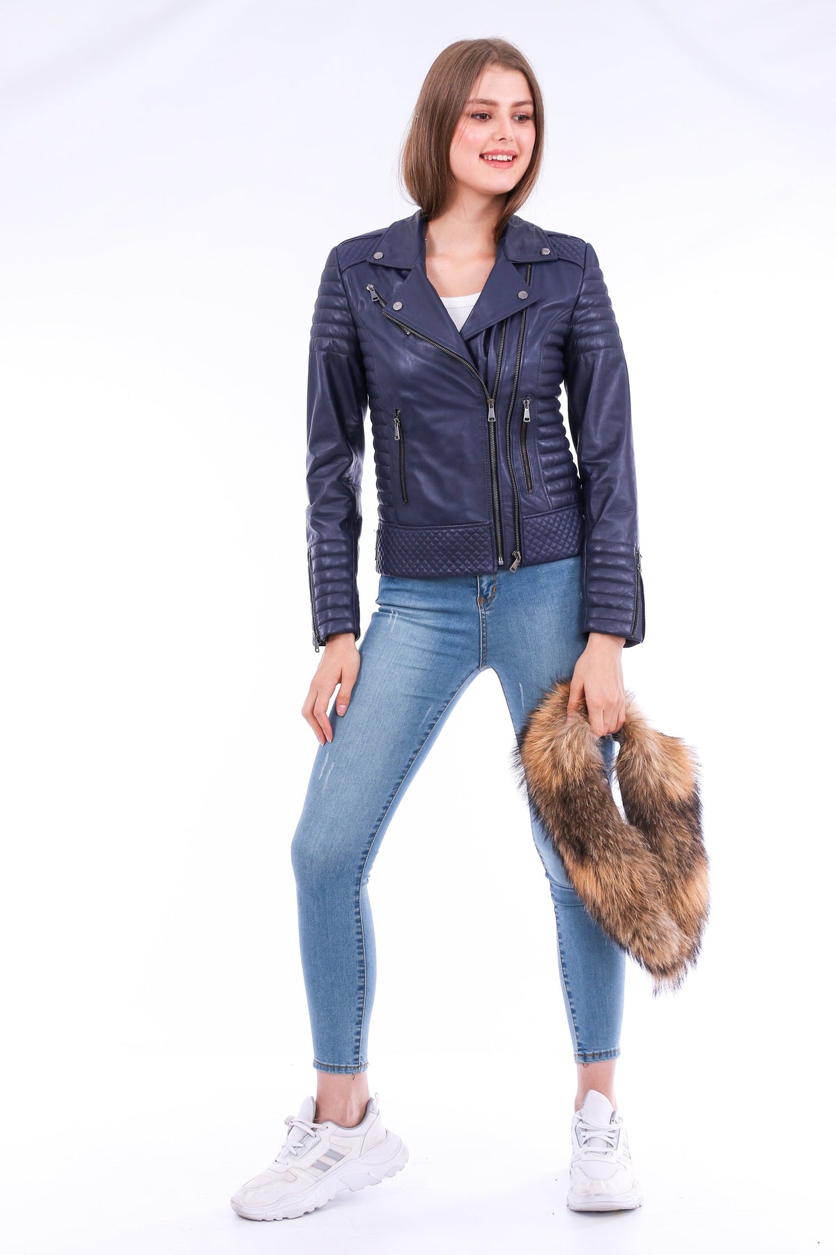 Milani Quilted Leather Biker Jacket - Navy Blue Angelwarriorfitness.com