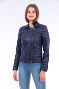 Milani Quilted Leather Biker Jacket - Navy Blue Angelwarriorfitness.com