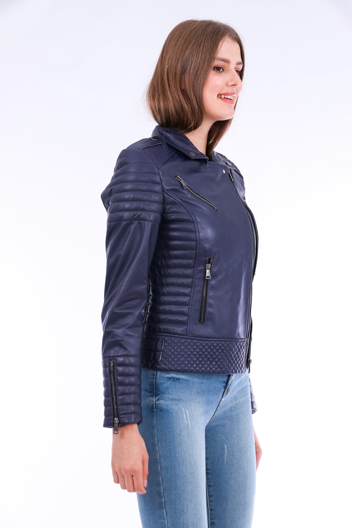 Milani Quilted Leather Biker Jacket - Navy Blue Angelwarriorfitness.com