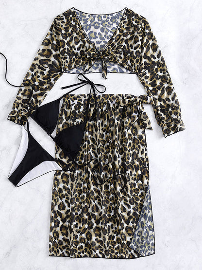 Sexy Four Pieces Bikini with Long Sleeve Cover Up Leopard Swimsuit Angelwarriorfitness.com