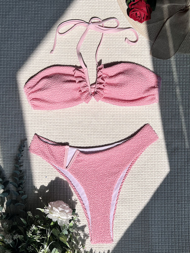 Textured Frill Swimwear Halter Bathing Suit Angelwarriorfitness.com