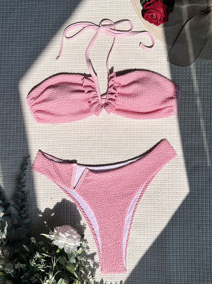 Textured Frill Swimwear Halter Bathing Suit Angelwarriorfitness.com