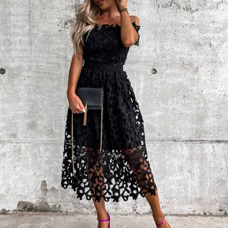 Off Shoulder Hollow Lace Dress Sexy Slash Neck Boho Dress Angelwarriorfitness.com