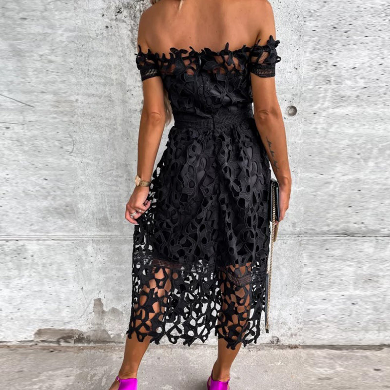 Off Shoulder Hollow Lace Dress Sexy Slash Neck Boho Dress Angelwarriorfitness.com