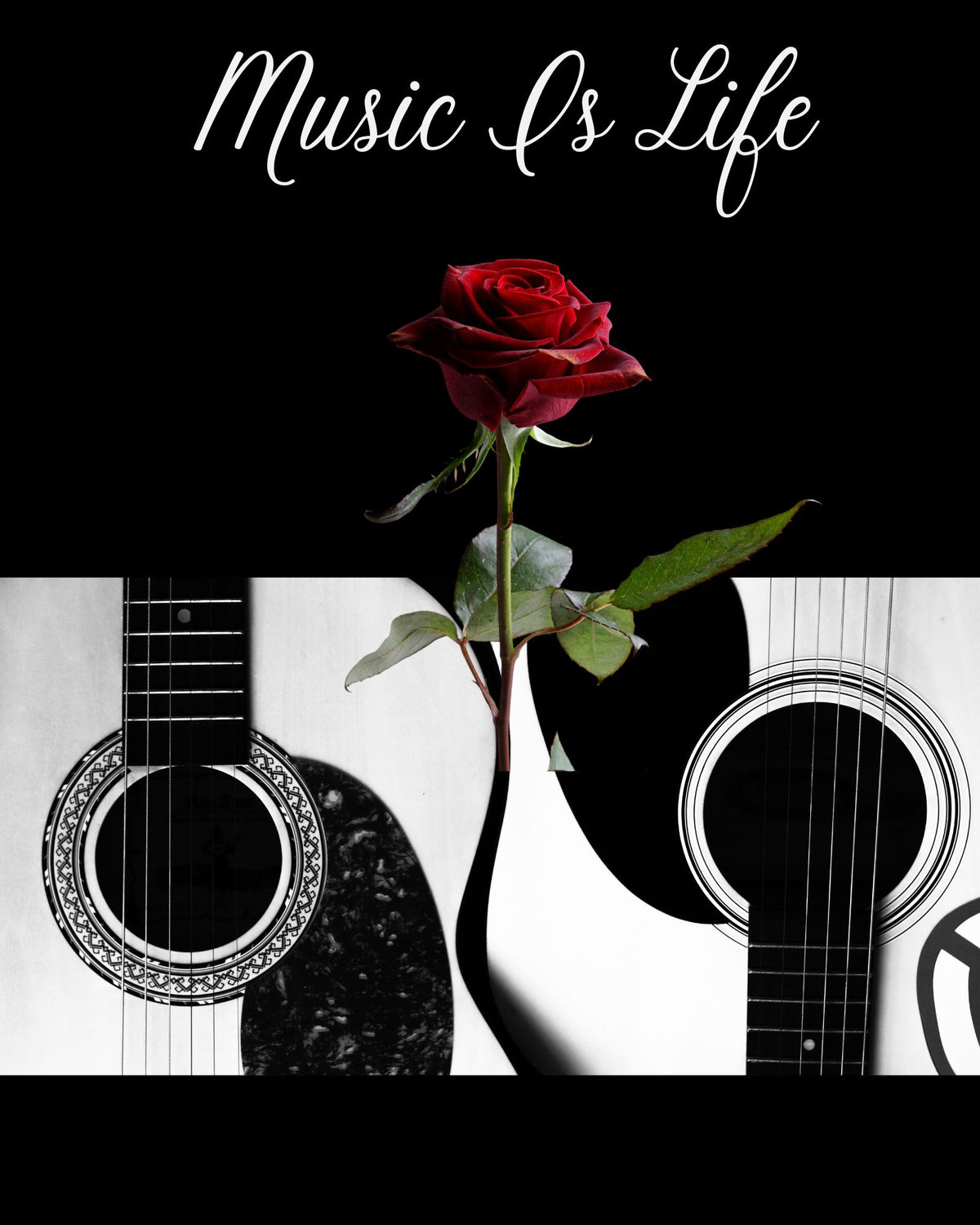 Music is Life Print Illustration Wall Art Printable Art Digital Download-Inspirational Guitar & Red Rose Angelwarriorfitness.com