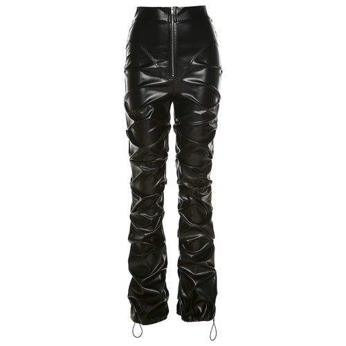 PU Leather Pleated High Waist Black Stacked Pant Hipster Street Style Angelwarriorfitness.com