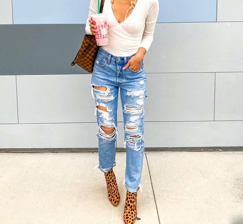 Women's High Waisted Skinny Destroyed Ripped Hole Denim Pants  Angelwarriorfitness.com