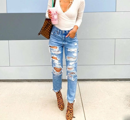 Women's High Waisted Skinny Destroyed Ripped Hole Denim Pants  Angelwarriorfitness.com