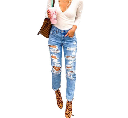 Women's High Waisted Skinny Destroyed Ripped Hole Denim Pants  Angelwarriorfitness.com