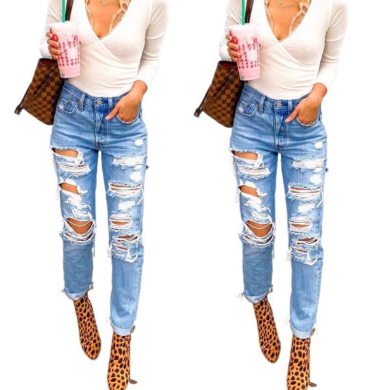 Women's High Waisted Skinny Destroyed Ripped Hole Denim Pants  Angelwarriorfitness.com