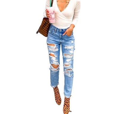 Women's High Waisted Skinny Destroyed Ripped Hole Denim Pants  Angelwarriorfitness.com