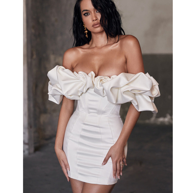 Satin Ruffles Sleeve Backless Strapless Bodycon White Dress Angelwarriorfitness.com