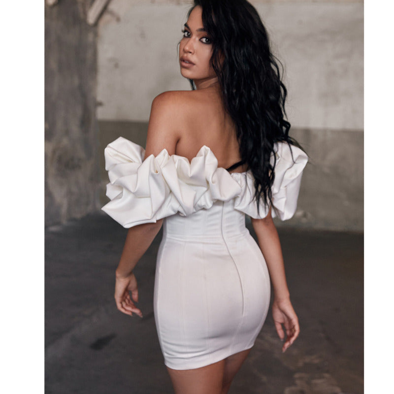 Satin Ruffles Sleeve Backless Strapless Bodycon White Dress Angelwarriorfitness.com