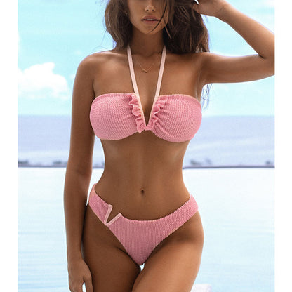 Textured Frill Swimwear Halter Bathing Suit Angelwarriorfitness.com