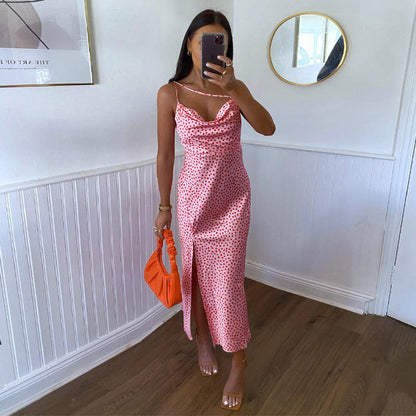 Dot Slip Satin Midi Dress Sleeveless Backless Split Summer Dress Angelwarriorfitness.com