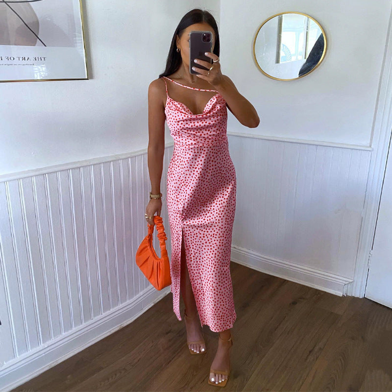 Dot Slip Satin Midi Dress Sleeveless Backless Split Summer Dress Angelwarriorfitness.com