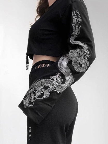InsGoth Black Crop Top Hoodie Women Sweatshirt Gothic Punk Grunge Dragon Printed Harajuku Loose Sweatshirt Pullover Female Top Angelwarriorfitness.com