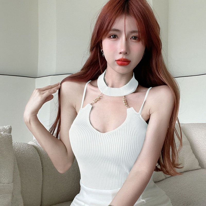 Chain Knitting Tank Top For Women CropTop Halter Top Sexy Cropped Streetwear Party Club Camis Tops Black White Womens Summer Angelwarriorfitness.com