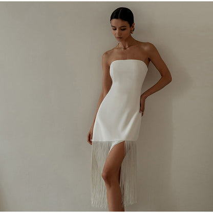 Sexy slim Fringe Tube Top Side Slit Dress Angelwarriorfitness.com