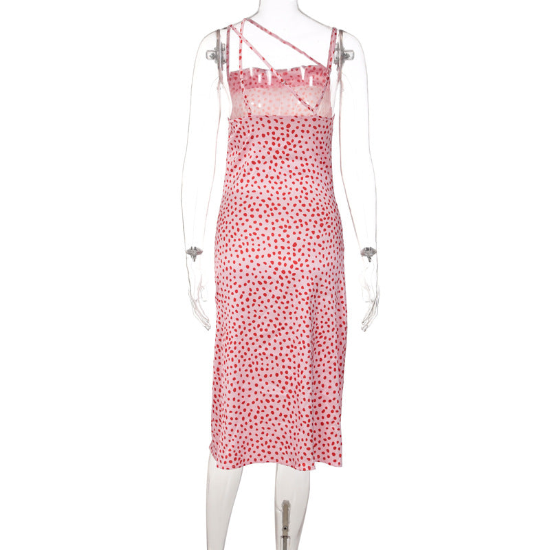 Dot Slip Satin Midi Dress Sleeveless Backless Split Summer Dress Angelwarriorfitness.com