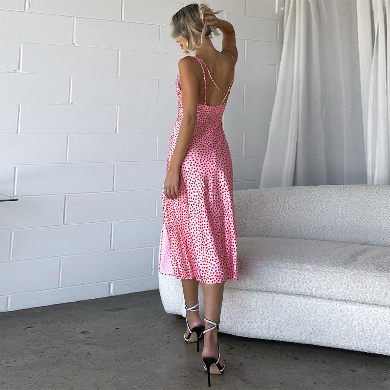Dot Slip Satin Midi Dress Sleeveless Backless Split Summer Dress Angelwarriorfitness.com