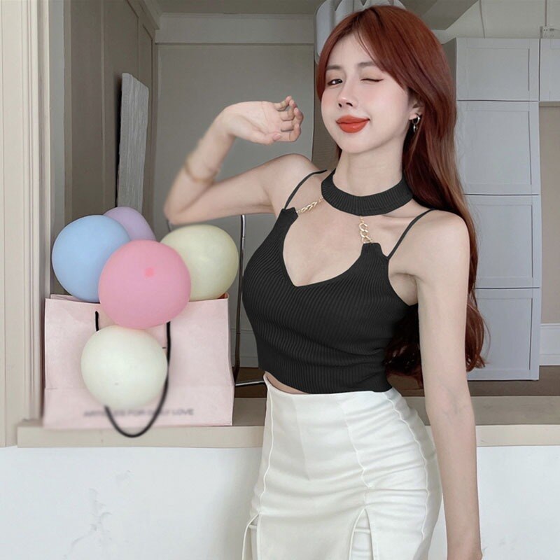 Chain Knitting Tank Top For Women CropTop Halter Top Sexy Cropped Streetwear Party Club Camis Tops Black White Womens Summer Angelwarriorfitness.com