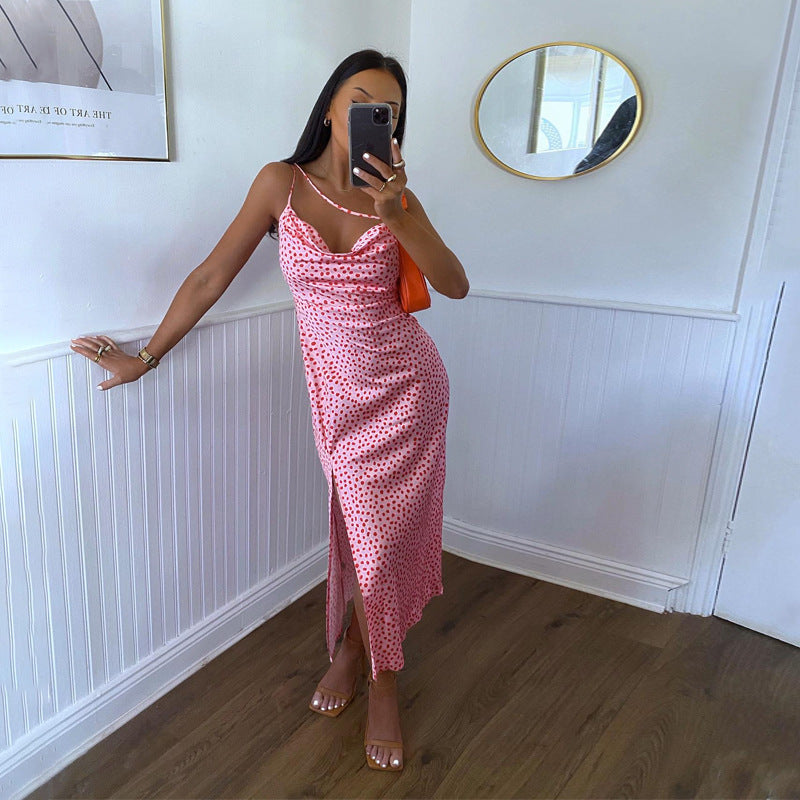 Dot Slip Satin Midi Dress Sleeveless Backless Split Summer Dress Angelwarriorfitness.com