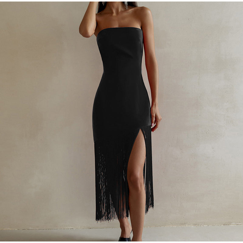 Sexy slim Fringe Tube Top Side Slit Dress Angelwarriorfitness.com