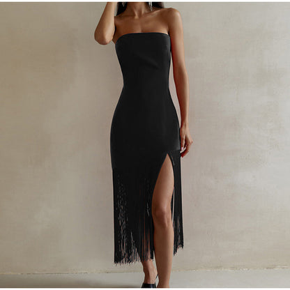Sexy slim Fringe Tube Top Side Slit Dress Angelwarriorfitness.com