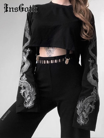 InsGoth Black Crop Top Hoodie Women Sweatshirt Gothic Punk Grunge Dragon Printed Harajuku Loose Sweatshirt Pullover Female Top Angelwarriorfitness.com
