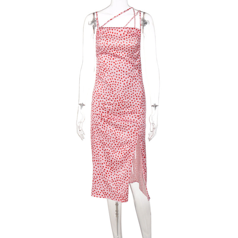Dot Slip Satin Midi Dress Sleeveless Backless Split Summer Dress Angelwarriorfitness.com