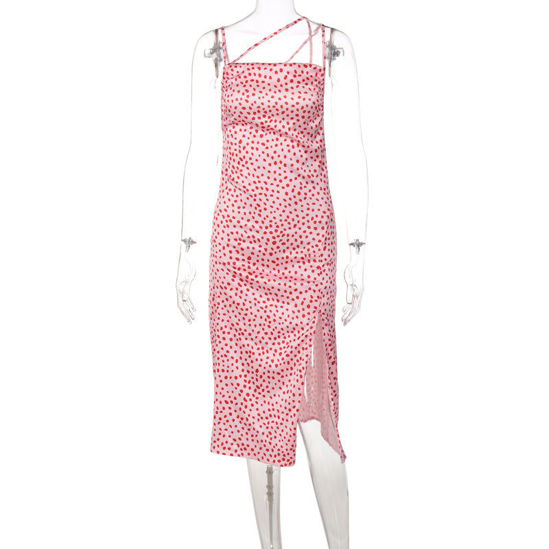 Dot Slip Satin Midi Dress Sleeveless Backless Split Summer Dress Angelwarriorfitness.com