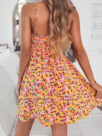 Floral Print Boho Beach Dress Sexy V Neck Mini Dress Angelwarriorfitness.com