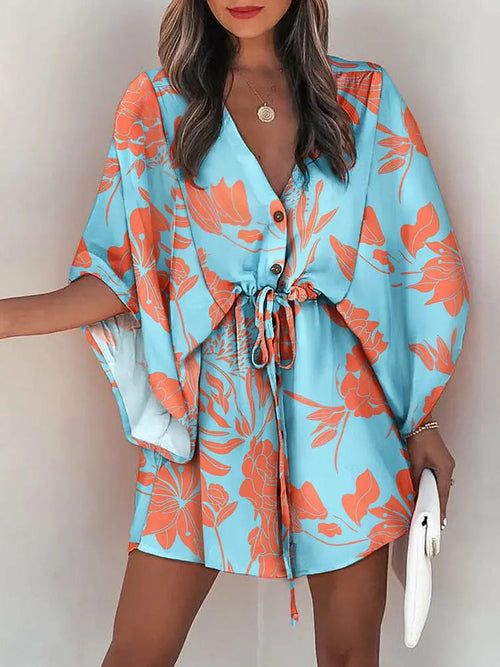 Summer Casual Loose Print Mini Dress Women's 2022 Fashion V-neck Angelwarriorfitness.com