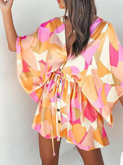 Summer Casual Loose Print Mini Dress Women's 2022 Fashion V-neck Angelwarriorfitness.com