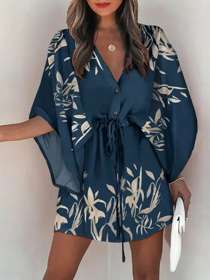 Summer Casual Loose Print Mini Dress Women's 2022 Fashion V-neck Angelwarriorfitness.com