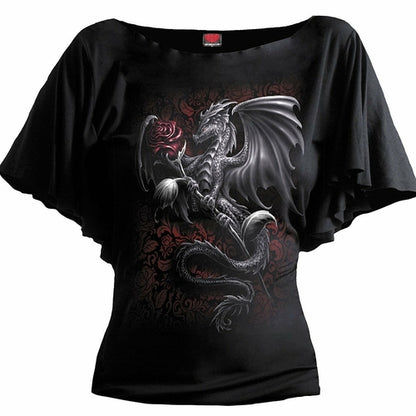 DRAGON ROSE - Boat Neck Bat Sleeve Top Black Angelwarriorfitness.com