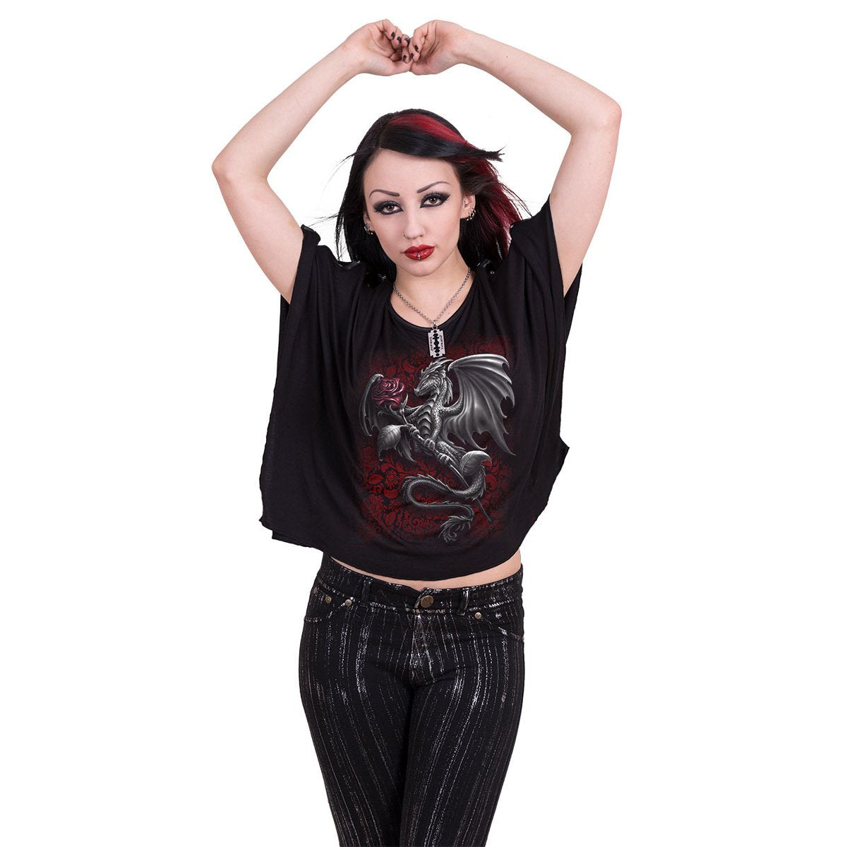 DRAGON ROSE - Boat Neck Bat Sleeve Top Black Angelwarriorfitness.com